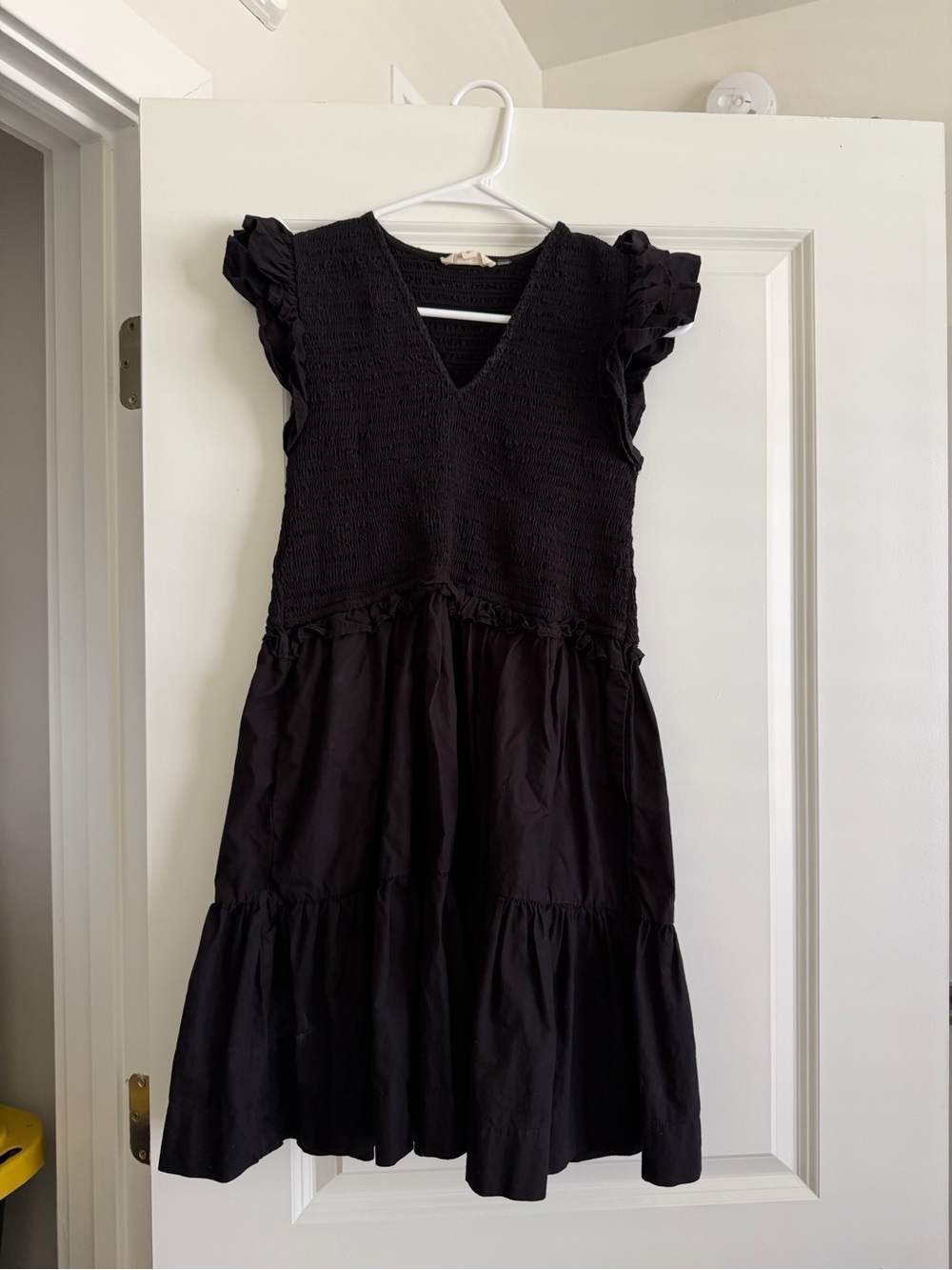 Elan Black Smocked Bodice Ruffle Sleeve Dress